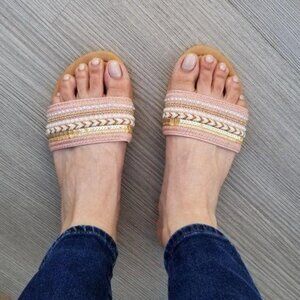 Pink Braided Flat Sandals Pink Strap Slip On Open Toe